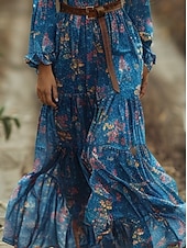 abordables Robes Bohémiennes-Femmes Robe Longue Maxi Robe Robe Décontractée Robe évasée Robe d&#039;été Robe bohème ancien Vacances Quotidien Fête Coupe régulière Fleuri manche longue Col en V Bleu Été