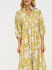 abordables Robes fleuries décontractées-Femmes Robe Midi Robe Décontractée Robe Fleurie Robe Imprimée Mode Moderne Vacances Fête Sortir Coupe régulière Fleur Manche 3/4 Col de chemise Jaune clair Été