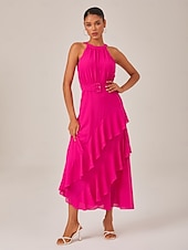 voordelige Feestjurken-dames elegante jurk roos rood mouwloos effen kleur ruches mismatched alle seizoenen elegante jurk bruiloft feest s m l