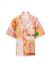 economico Set in cotone e lino-Per donna Moda Streetwear Camicie di cotone e lino Set di biancheria in cotone Set di Pantaloni Manica Corta Colletto a Camicia Graffiti Stampato Abbigliamento quotidiano Data Arancione Estate