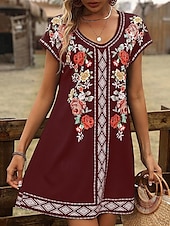 ieftine Rochii florale-Pentru femei Rochie Mini Rochii Tricou Rochie de Vară Rochie de vară Vacanță Casual Boho Zilnic Ieșire Fit regulat Floral Grafic Manșon scurt În V Negru Roșu Vin Albastru piscină Maro Vară