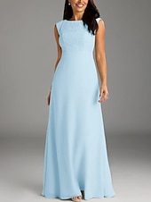 cheap Floor Length-A-Line Mother of the Bride Dress Wedding Guest Elegant Minimalist Crew Neck Floor Length Chiffon Lace Cap Sleeve with Lace Buttons