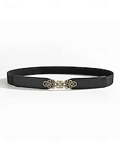 cheap Women&#039;s Belt-Women&#039;s Vintage Elastic Waist Belt with Bronze Scroll Buckle – Faux Leather Cinch Belt for Dresses and Blouses, Elegant Style for Daily Wear and Formal Occasions