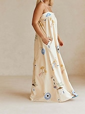 ieftine rochii imprimate din bumbac si in-Pentru femei Rochie Lunga Rochie Maxi Rochii de in bumbac Rochie casual Modă În aer liber Petrecere Concediu Fit regulat Vopsire Fără manșon Bretele Spagheti Bej Vară