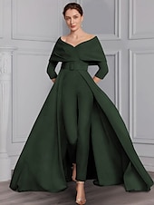 voordelige Mama&amp;#39;s jumpsuits-Twee-delige Jumpsuit Moeder van de Bruid Formele Bruiloft Gast Elegante Feest Scoop Hals Off Schouder Enkele Lengte Rekbare Stof 3/4 Lange Mouw met Ceintuur  Riem 2025