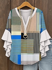 tanie Damskie topy w paski i geometryczne-Damskie Bluzka Graficzny Geometryczny Kratka Zabytkowe Codzienny Elegancki Rękaw 3/4 W serek Zwykłe topy Codzienny Święto Ubrania wakacyjne Falbana Nadruk Żółty Czerwony Niebieski Fioletowy Zielony