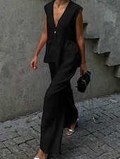 preiswerte Sets-Damen Aktiv Mode Baumwoll-Leinen-Hemden Bluse Hosen-Sets Ärmellos V Ausschnitt Einfarbig Dubbele Rij Knopen Urlaub Alltagstauglich Schwarz Rosa Leicht Blau Sommer Normale Passform