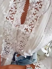 abordables Hauts en dentelle-Femmes Chemisier Hauts en dentelle Uni Élégant Moderne manche longue Col en V Hauts Réguliers Fête Sortir Dentelle Blanche Été