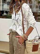 cheap Lace Tops-Women's Shirt Blouse Lace Plain Casual Long Sleeve Crew Neck Regular Tops Daily Going out White Summer