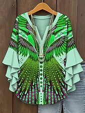 tanie Damskie topy boho-Damska koszula retro z warstwowym rękawem w falbanki vintage z graficznym wzorem geometrycznym abstrakcyjnym bohemia vintage codzienna z rękawem 3/4 półrękawem dekoltem w serek regularna na co dzień