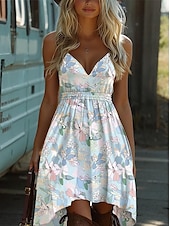 tanie Sukienka boho-Damskie Sukienka mini Sukienka letnia Sukienka na ramiączkach Sukienka z odkrytymi ramionami Urlop Codzienny Boho Na zewnątrz Spotkanie towarzyskie Wyjściowe Luźny / a Kwiaty Graficzny Bez rękawów W