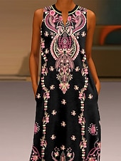 preiswerte Boho Kleider-Damen Maxikleid Sommerkleid A Linie Kleid Urlaub Lässig Boho Täglich Ferien Lässiger Schnitt Blumen Grafik Stammes Ärmellos V Ausschnitt Fuchsie Sommer