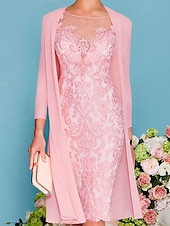 preiswerte Mit Jacke-zweiteiliges Etuikleid in Champagner für die Strandhochzeit, Mutter der Braut, elegantes Hochzeitsgastkleid mit Rundhalsausschnitt, knielang, Chiffonspitze, 3/4-Ärmel, Wickelkleid inklusive Jacke,