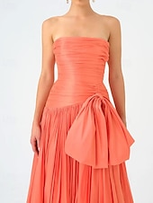 baratos LARANJA-Vestido de Noite A-Line Vestido Elegante Tafetá Casamento Formal Comprimento até o Chão Sem Mangas Sem Alças Chiffon com Laços Detalhes Ruchados