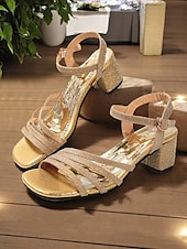 cheap Nightlife Party-Women&#039;s Gold Strappy Block Heel Sandals - Rhinestone Ankle Strap Open Toe Heels for Nightlife Parties and Evening Glam Looks