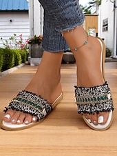 levne Sandály na dovolenou-Dámské boho sandály s třásněmi a zelenými drahokamy, ploché letní pantofle pro ležérní plážové nošení i každodenní výlety