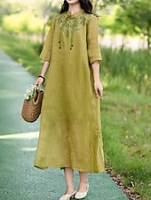 ieftine Rochii-Pentru femei Rochii Midi Rochie din in bumbac Rochie florala Modă Modern Vacanță Zilnic Concediu Fit regulat Floare Manșon Jumate Guler de stand Roz Îmbujorat Albastru piscină Trifoi Caisă Vară