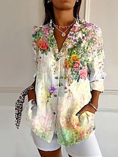 voordelige Vrouwen vakantie tops-Dames Overhemd Grafisch Bloem Dagelijks Stijlvol Basic Halve mouw V-hals Normale tops Dagelijks Feestdagen Afdrukken Geel Hemelsblauw Licht Blauw Lente Herfst