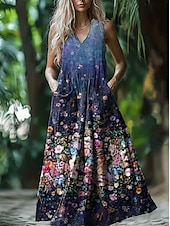ieftine Rochii Boho-Pentru femei Rochie Lunga Rochie Maxi Rochie casual Rochie leagăn Rochie de vară Rochie Boho Epocă Vacanță Zilnic Concediu Fit regulat Floral Fără manșon În U Albastru piscină Gri Închis Gri Vară