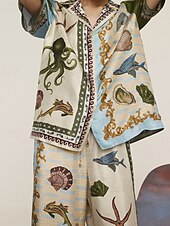 abordables Ensembles-Femmes Mode Streetwear Chemises en coton et lin Ensembles en coton et lin Ensembles de Pantalons Manche Courte Col de chemise Animal Imprimé Tenue quotidienne Date Kaki Été Coupe régulière