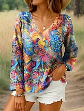 preiswerte Damen Kunst- und Design-Oberteile-Damen Bluse Blumen Grafik Stilvoll Lässig Langarm V Ausschnitt Normale Oberteile Täglich Orange Sommer Frühling