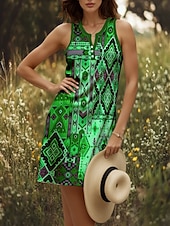 ieftine Rochii boho-Pentru femei Rochie Mini Rochie de Vară Rochie A line Rochie de vară Rochie cu umeri Casual Concediu Plajă Fit regulat Grafic Tribal Fără manșon În V Galben Roșu-aprins Albastru piscină Mov Var