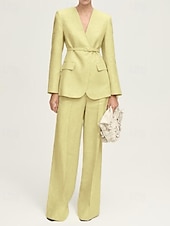 cheap Mom&#039;s Pant Suits-Collarless Blazer Two Piece Pantsuit Pantsuit Linen Blended Mother of the Bride Pantsuit Elegant Simple Minimalist V Neck Floor Length Long Sleeve with Solid Color 2025