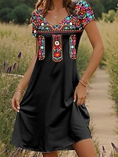 billige Boho-kjoler-Dame Mini kjole T skjortekjole Solkjole Sommerkjole Ferie Fritid Bohem Daglig Ut på byen Normal Grafisk Paisly Kortermet V-hals Svart Sommer