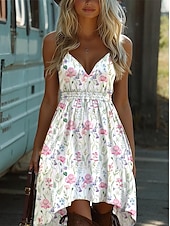 abordables Robes Bohémiennes-Femmes Mini Robe Robe Nuisette Vacances Fête Occasionnel Sortir Plage Coupe Standard Fleuri Graphique Sans manches Col en V Bretelles spaghetti Rose Claire Bleu Orange Vert Été Printemps
