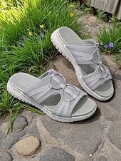 voordelige Slide Sandalen-Flyknit sportsandalen voor dames – lichtgewicht grijze mesh slippers, flexibele zool, perfect voor tuinieren en dagelijkse wandelingen