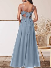 abordables Robes de demoiselle d&#039;honneur-Robe de demoiselle d&#039;honneur trapèze, col en V, sans manches, élégante, longueur au sol, en mousseline extensible avec plis / devant fendu / froncé 2025