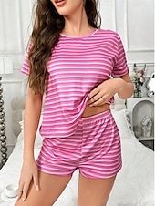 cheap Women&#039;s Pajama Sets-Women&#039;s Pajamas Loungewear Pajama Set Pajama Shorts Simple Casual Comfort Stripe Seamless Pullover Shorts Home Daily Short Sleeve Crew Neck Pink Summer Loose Fit