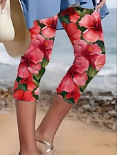 billiga -Kvinnors leggings capribyxor hög elasticitet mode streetwear hel längd hög midja blommigt tryck termisk varm andningsbar mjuk utomhus vardag linne lik mörkgrå kombination sommar vår regular fit