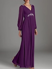 cheap Floor Length-A-Line Mother of the Bride Dress Wedding Guest Elegant V Neck Floor Length Chiffon Long Sleeve with Beading Appliques Ruching