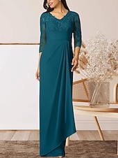 preiswerte Bodenlänge-Säule  Kolonne Mutter der Braut Kleid Hochzeitsgast Elegantes Hoher Schlitz V-Ausschnitt Bodenlanges Chiffon 3/4 Länge Ärmel mit Rüschenapplikationen Raffung