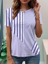 billige Stripe og geometrisk t-skjorte-Dame T skjorte Grafisk Geometrisk Årgang Stilfull Klassisk Kortermet Crew-hals Vanlige topper Daglig Helg Strand Klær Trykt mønster Rosa Blå Lilla Grønn Grå Sommer Vår