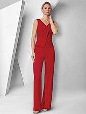 cheap Mom&#039;s Pant Suits-Pantsuit 3 Piece Mother of the Bride  Elegant V Neck Floor Length Stretch Fabric Long Sleeve Wrap Included with Solid Color 2025