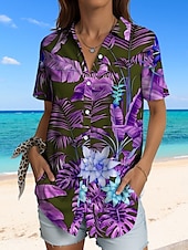 olcso Női nyári felsők-Női Ing Grafika Falevél Hawaii Szüret Tropikus Napi Ujjatlan Rövid ujjú Állógallér Normál felsők Napi Rubin Medence Bíbor Lóhere Világoskék Nyár Tavasz