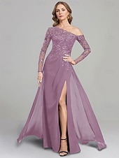 preiswerte Bodenlänge-Etuikleid Mutter der Braut Kleid formell elegant ein Schulter bodenlang Chiffon Langarm mit Spitze einfarbig 2025