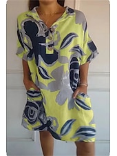 abordables concevoir des robes en coton et lin-Femmes Mini Robe Robe Décontractée Occasionnel Coupe ajustée Graphique Imprimé Demi Manches Revers Blanche Jaune Rose Claire Bleu Été Automne