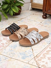 cheap Slide Sandals-Women's Bronze Multi-Strap Flat Slide Sandals – Bohemian Style Open Toe Slippers for Daily Wear, Travel, and Vacation