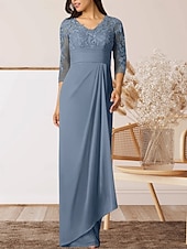 preiswerte Bodenlänge-Säule  Kolonne Mutter der Braut Kleid Hochzeitsgast Elegantes Hoher Schlitz V-Ausschnitt Bodenlanges Chiffon 3/4 Länge Ärmel mit Rüschenapplikationen Raffung