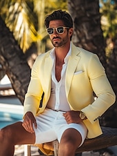 abordables Blazer de lino-Hombre Chaqueta de lino Chaqueta deportiva Moda Casual Color sólido Blazer Amarillo Rosa Azul cielo Estándar Recto 1 botón