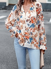 billige Boho topper-Dame Boho skjorte Bluse Blomsternål i krystall Moderne Bohem Langermet V-hals Vanlige topper Daglig Ut på byen Trykt mønster Svart Navyblå Blå Aprikos Sommer