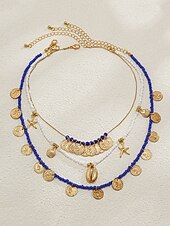 abordables Collier pour femme-Ensemble de colliers à breloques coquillages et pièces de monnaie en perles dorées et bleues pour femmes – colliers superposés de style bohème de plage avec des accents d&#039;étoiles de mer et de coquillages pour l&#039;été et les vacances