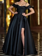 preiswerte SCHWARZ-2-in-1 A-Linie Meerjungfrau  Trompeten Abendkleid Elegantes Kleid Formal Hochzeit Gerichts Zug Ärmellos Off Shoulder Satin mit Rüschen Perlen Schlitz