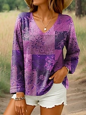 abordables Tops Boho pour Femmes-Femmes Chemisier Fleuri Graphique Géométrique Élégant Occasionnel manche longue Col en V Hauts Réguliers Quotidien Imprimé Violet Marron Vert Été Printemps