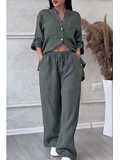 economico Imposta-Completo da donna 100% cotone cotone lino camicia a maniche lunghe colletto tinta unita attivo basic casual quotidiano nero bianco giallo estivo vestibilità regolare