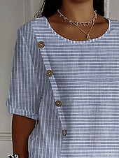 tanie Top z paskami i geometrycznym wzorem-Damskie Bluzka Graficzny Prążki Elegancja Codzienny Krótki rękaw Półgolf Zwykłe topy Codzienny Święto Guziki Niebieski Lato