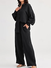 abordables Ensembles-Femmes Actif Mode Chemises en coton et lin Ensembles en coton et lin Chemisier manche longue Col de chemise Couleur Unie Dubbele Rij Knopen Fête Décontracté Quotidien Noir Ivoire Vin Été Coupe